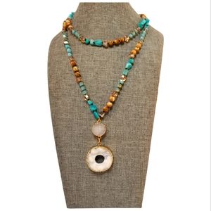 BOHO PRINCESS WHITE DRUZY PENDANT GLASS JASPER BEADED NECKLACE